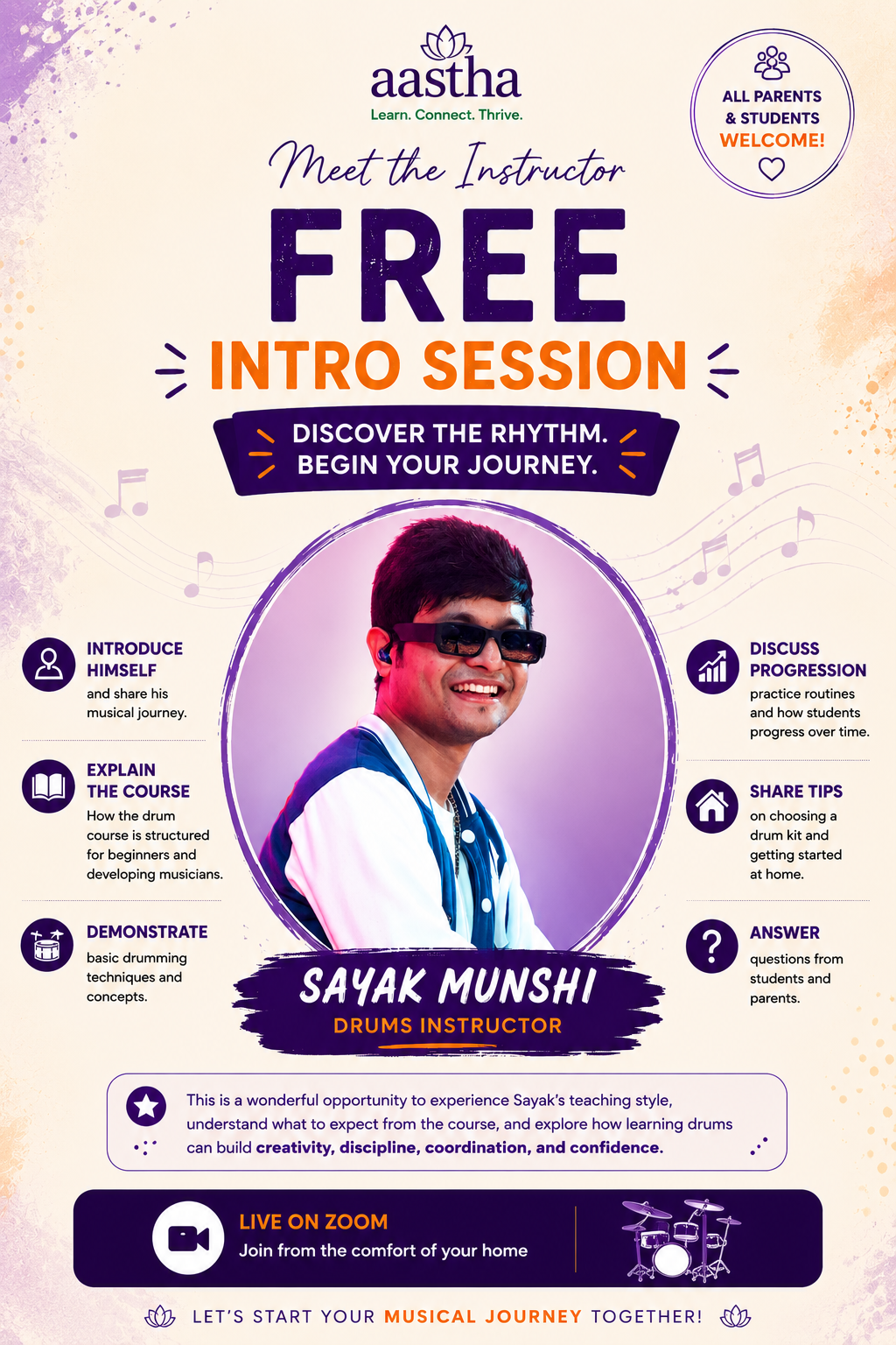 Free Drums Intro Class – Sayak Munshi – Meet the Instructor Session